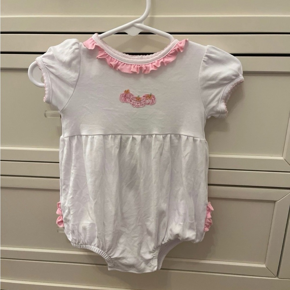 Magnolia Baby Pink and White Romper With Pumpkin Embroidery